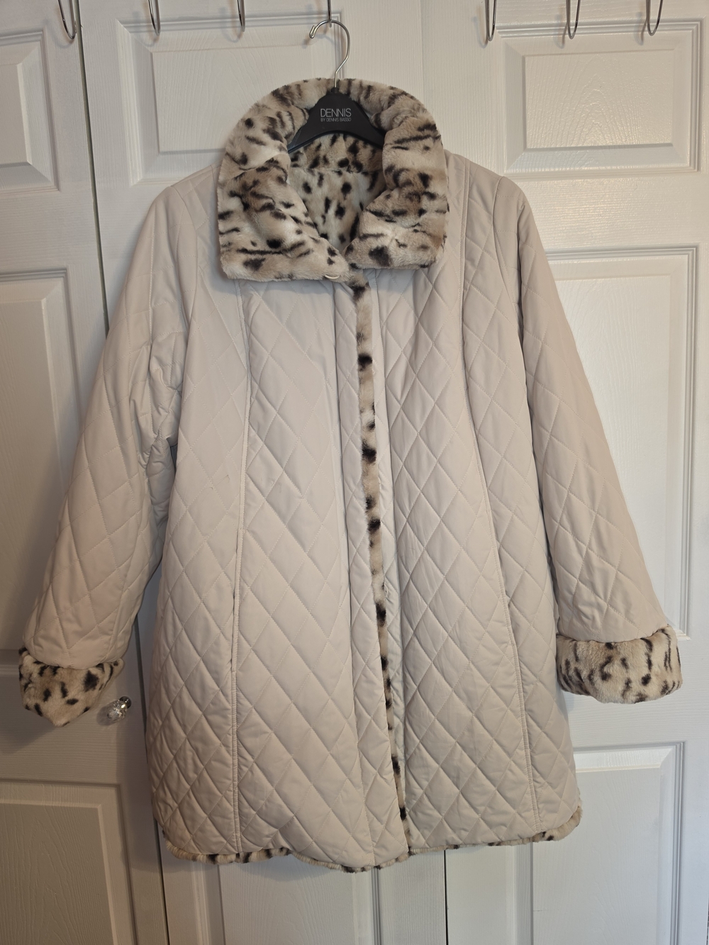 dennis basso Reversible Ivory Quilted Puffer Coat with Faux Leopard